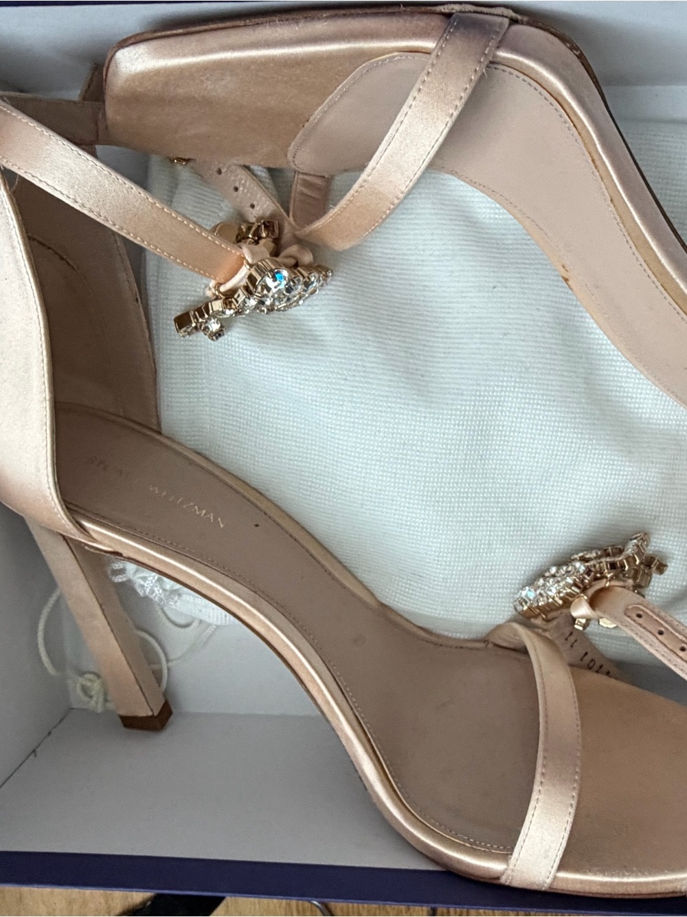 Stuart Weitzman Rose Gold Satin Ankle-Strap Heels with Crystal Detail